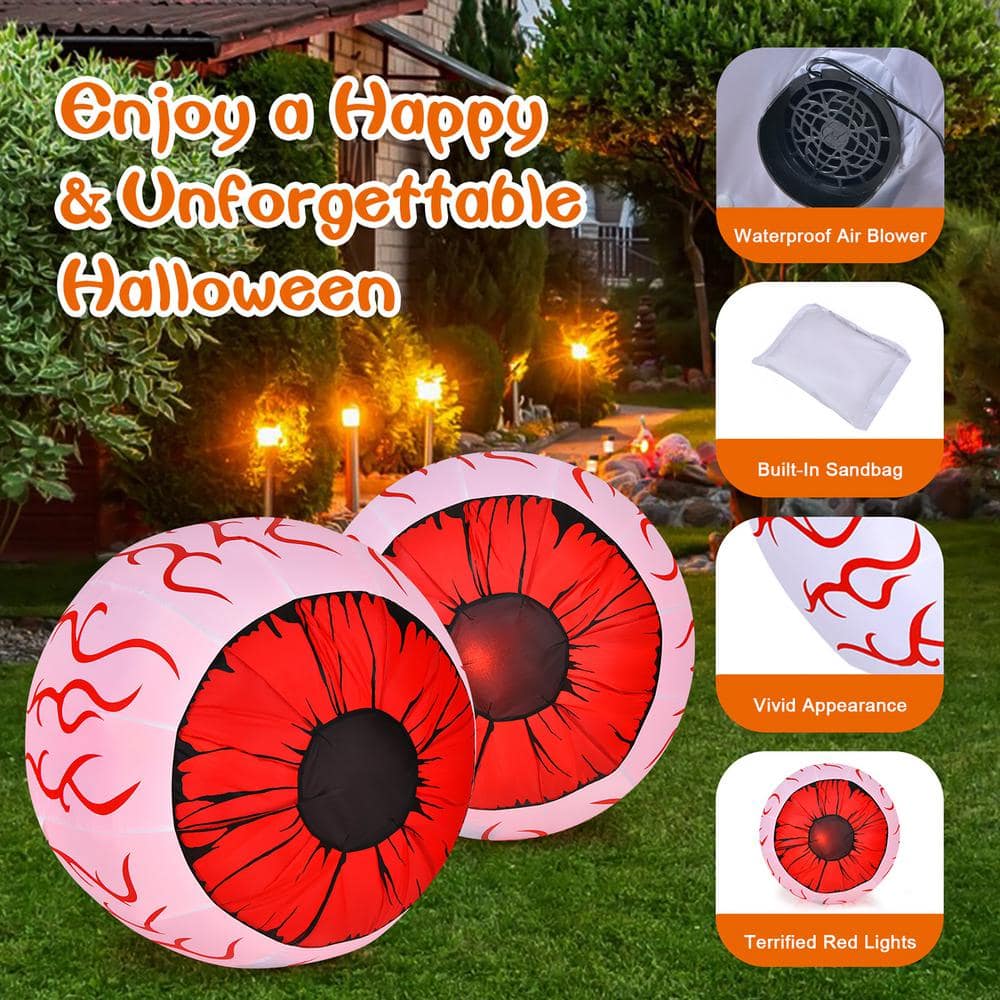 2-Pack 3 ft. Halloween Inflatable Eyeballs with Air Blower and Red LED Lights - Hercitys