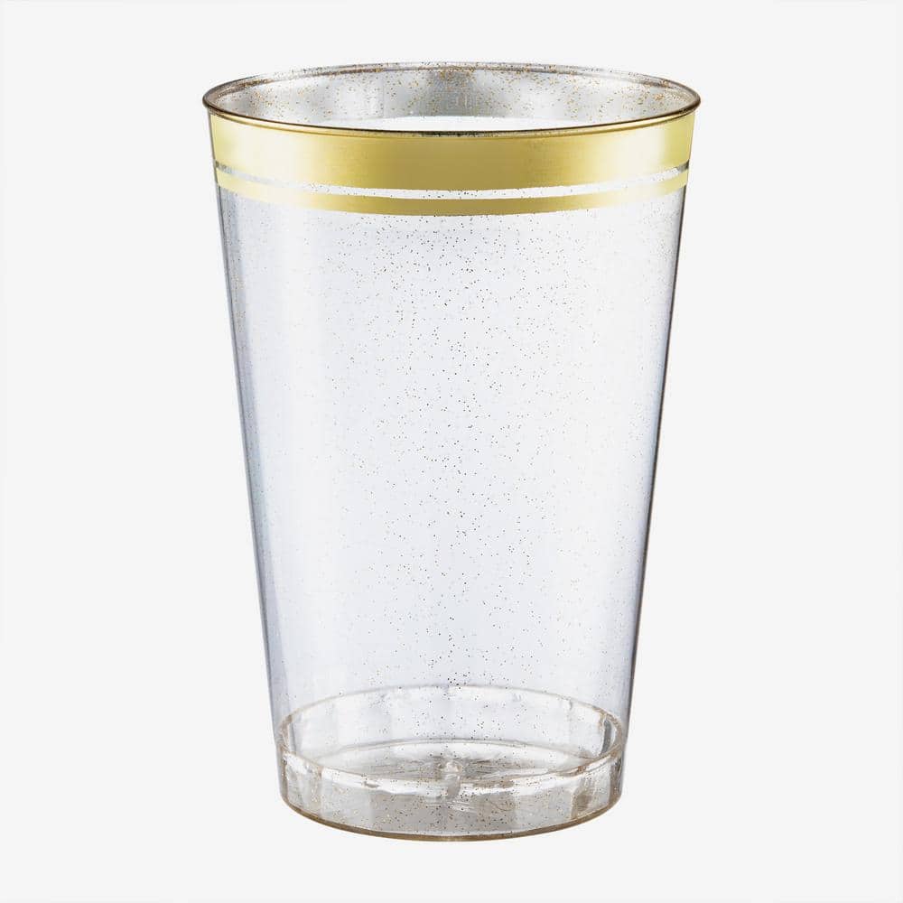 12 oz. 2-Line Gold Rim Gold Glitter Disposable Plastic Cups, Party, Cold Drinks, (100/Pack) - Hercitys
