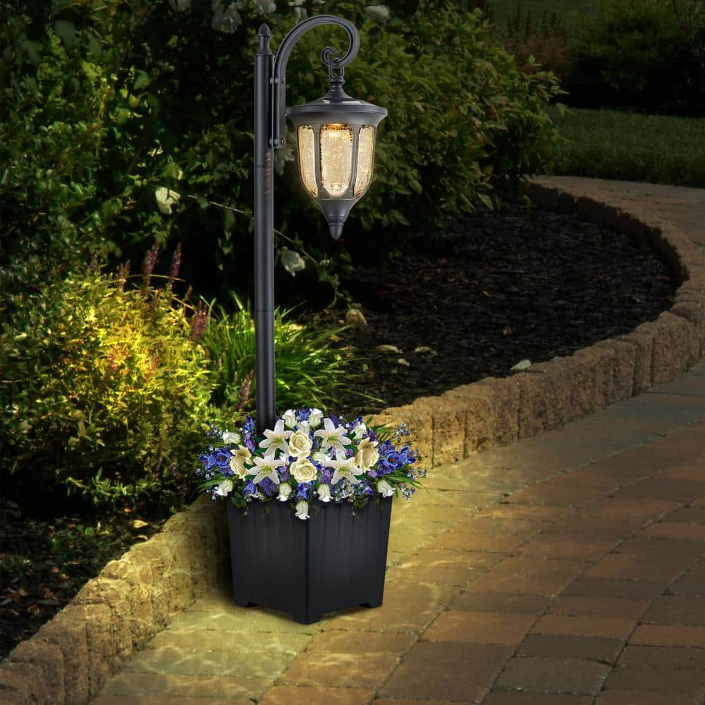 1-Light Black Weather Resistant Solar Outdoor Post Light with Planter and Crackle Glass Shade - Hercitys