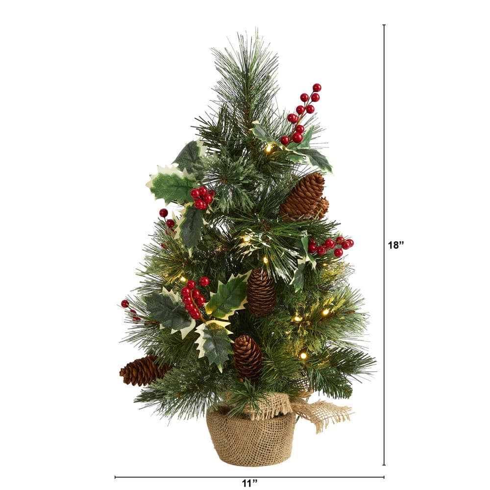 18 in. Battery Operated Pre-Lit Mixed Pine Artificial Christmas Tree, Holly Berries, Pinecones, 35 Clear LED Lights - Hercitys
