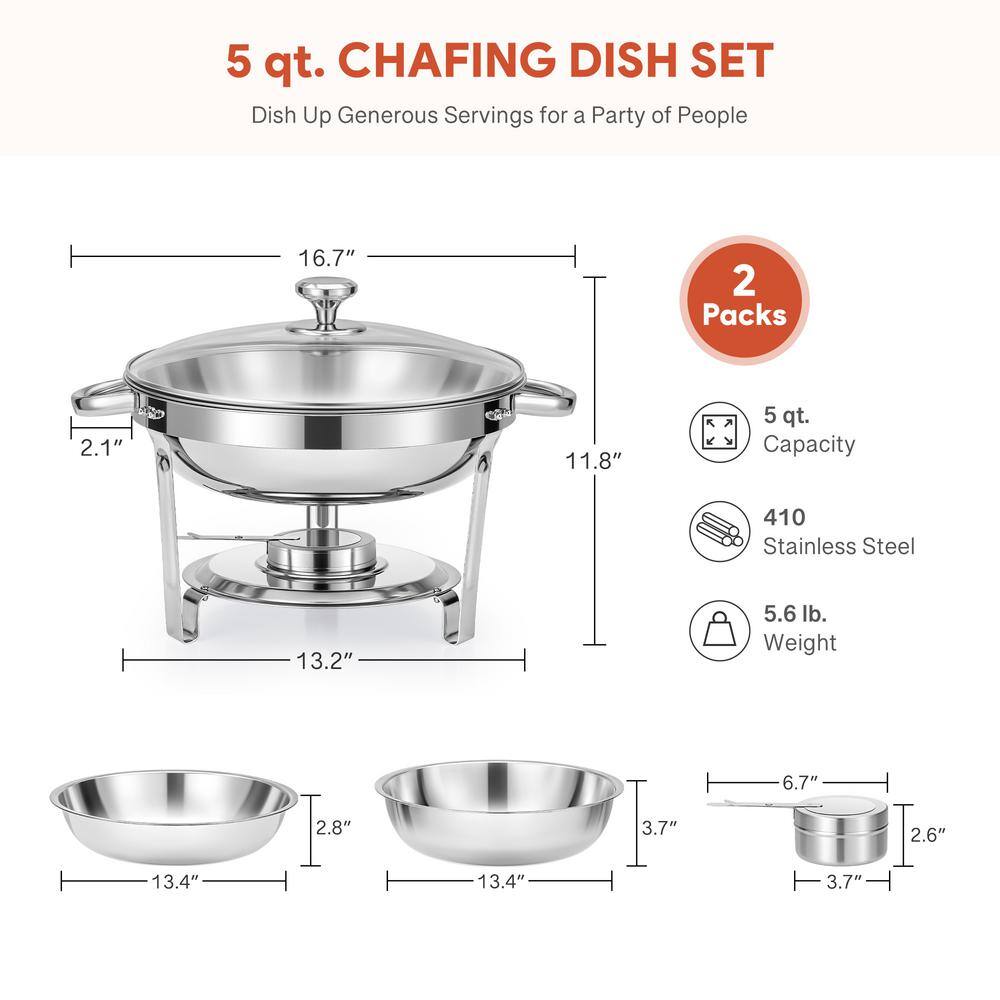 2-Pack 5 qt. Stainless Steel Round Chafing Dishes Buffet Set with Glass Lid Holder - Hercitys