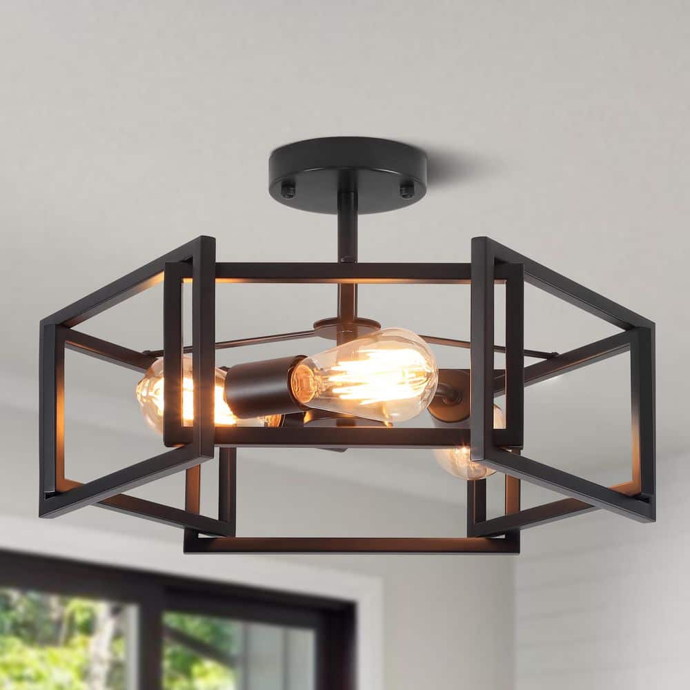 18.11 in. 3 Light Matte Black Modern Farmhouse Hexagon Semi-Flush Mount Ceiling Light - Hercitys