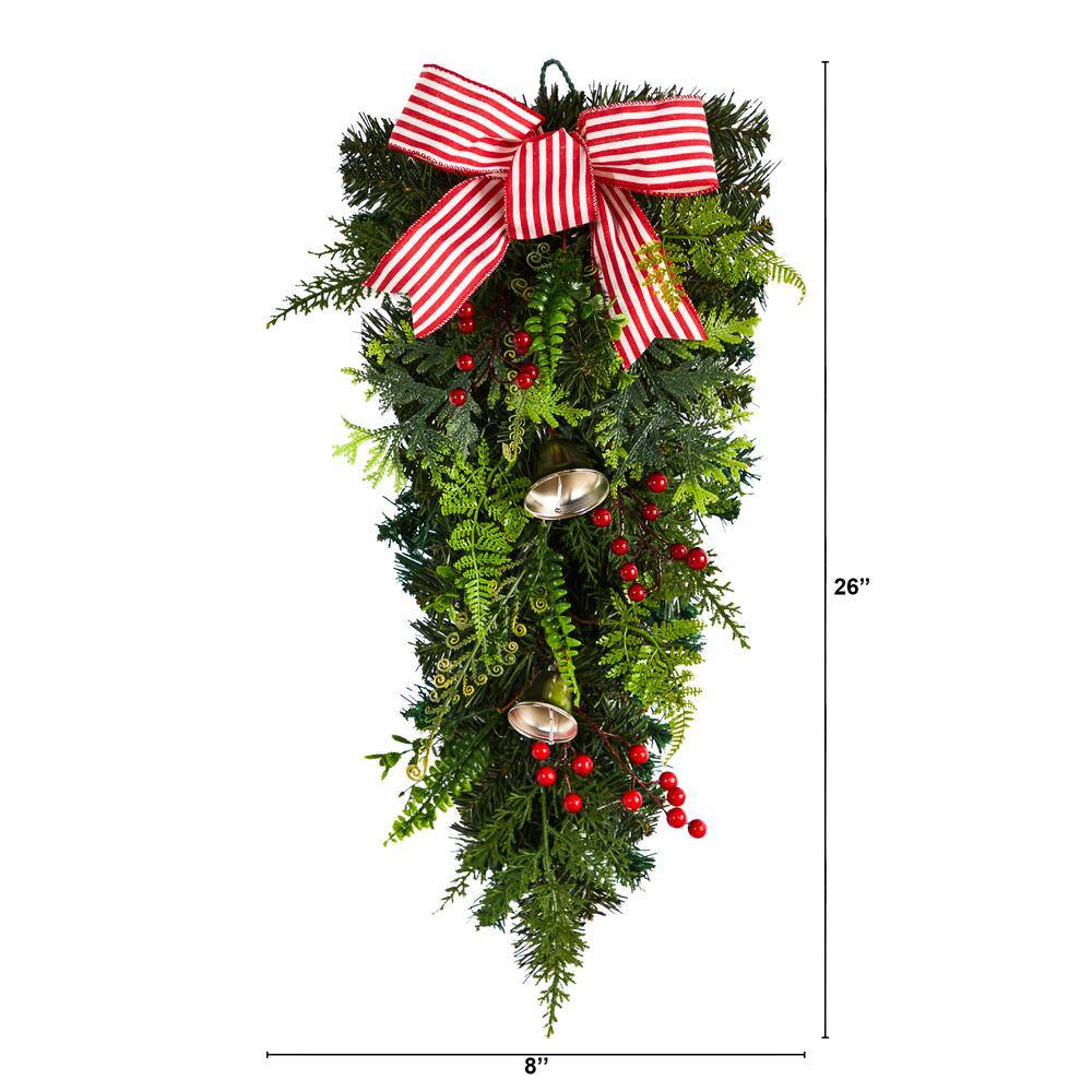 26 in. Unlit Artificial Holiday Christmas Bells and Bow Artificial Swag - Hercitys
