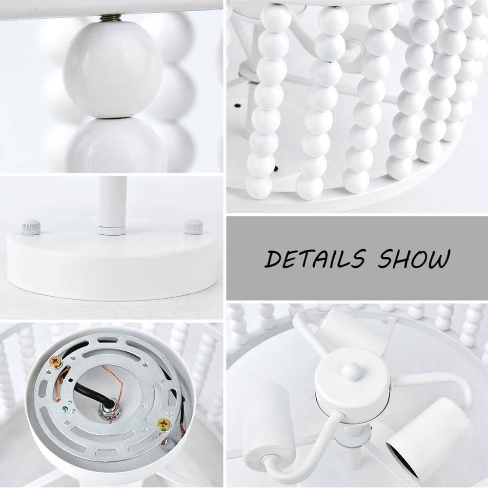 12.6 in. 3-Light White Farmhouse Wood Beaded Shade Semi-Flush Mount Ceiling Light - Hercitys