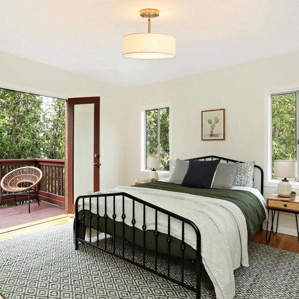 12.6 in. 3-Light Gold Farmhouse Drum Semi-Flush Mount Light with Linen Cover - Hercitys