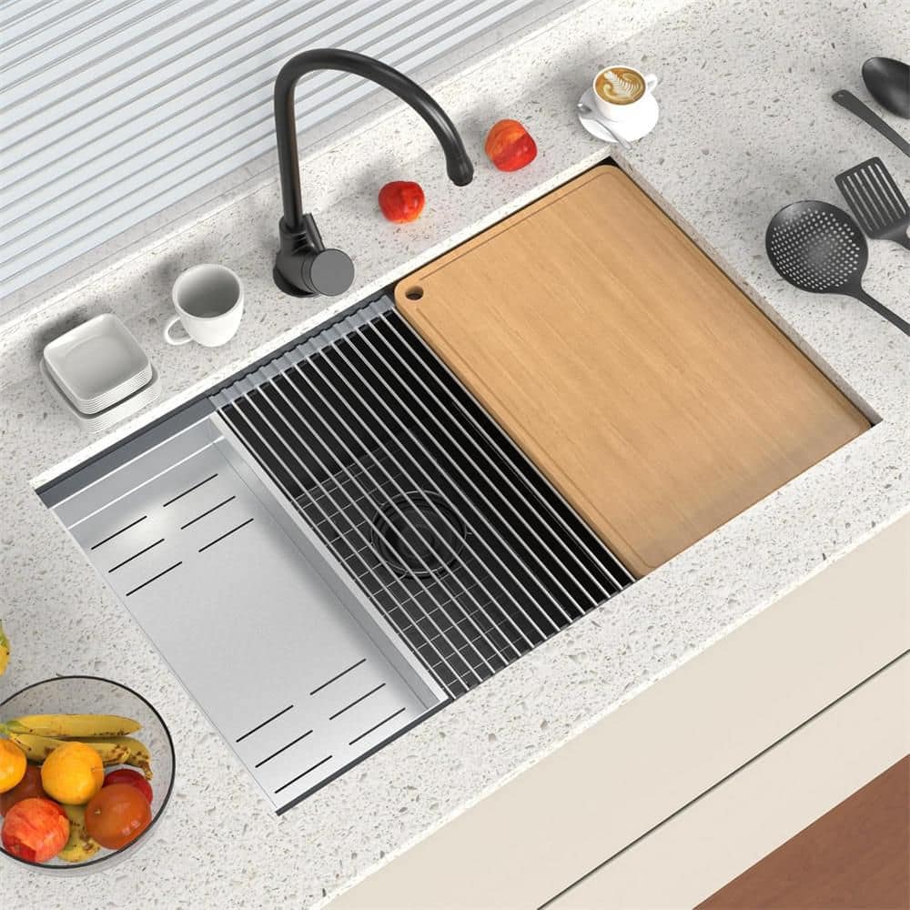 33 Inch Single Bowl Drop-In Stainless Steel Integrated Ledge Multifunctional Workstation Sink Set in Black - Hercitys