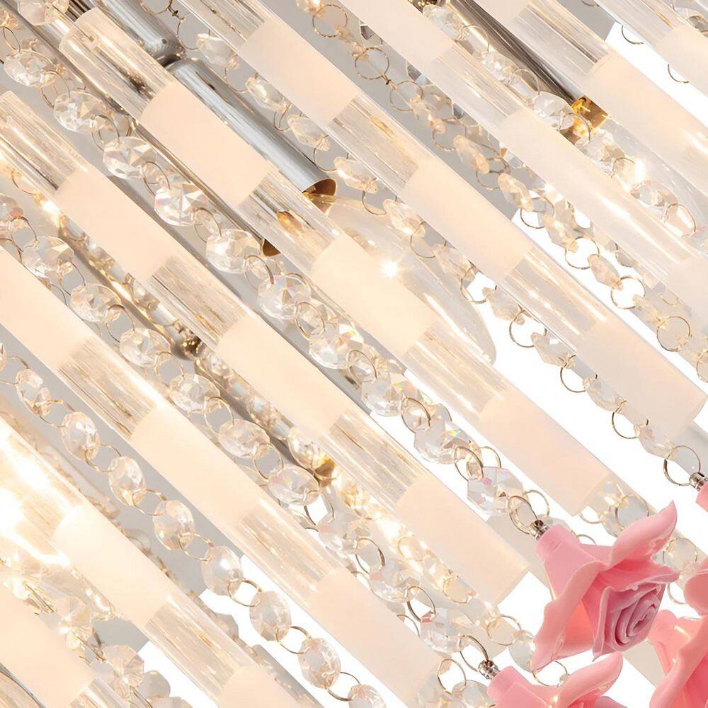 20 in. 7-Light Polished Chrome Flush Mount with Glass Tube Shade and Pink Flower Accents - Hercitys