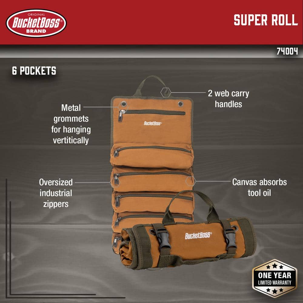 27 in. Super Tool Roll with 6 Zippered Pockets in Brown - Hercitys