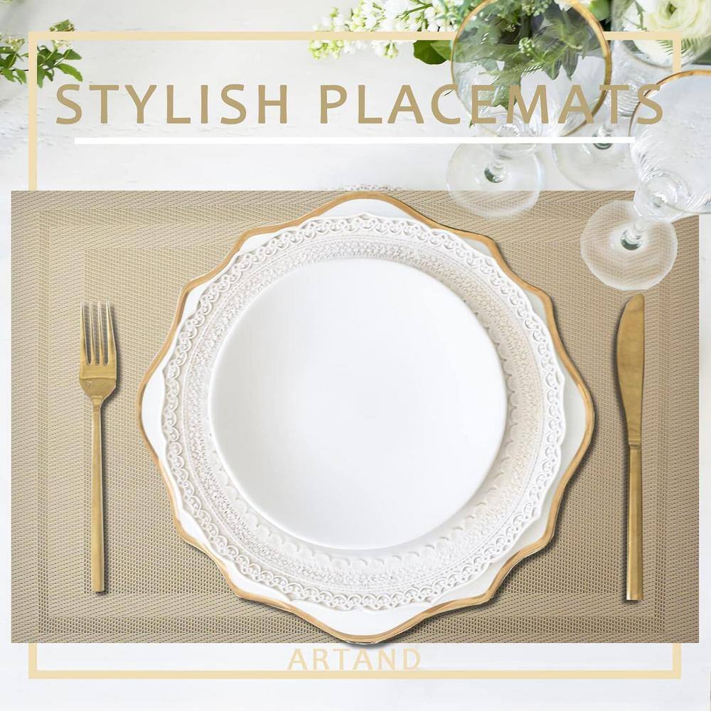 18 in. x 12 in. Beige Woven Polyester Place Mats, Water Resistant Washable, Durable Table Mats (Set of 6) - Hercitys