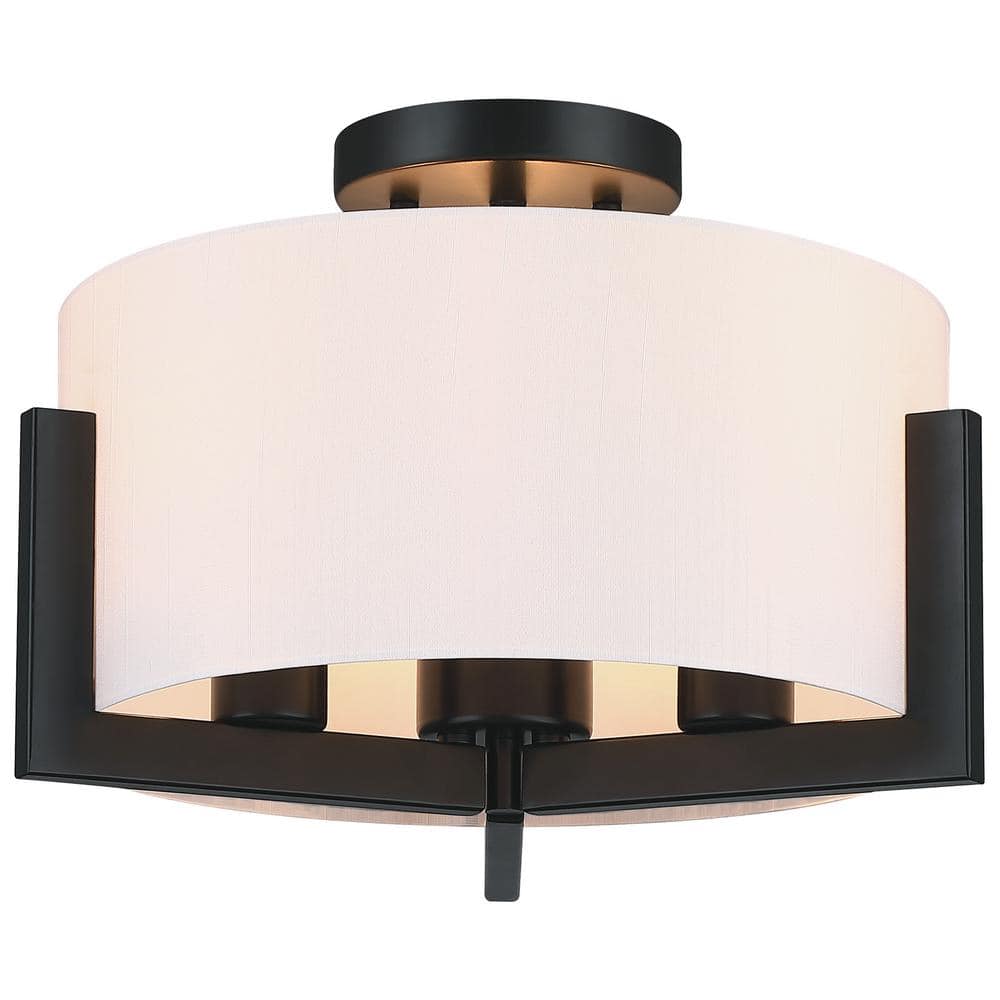 14 in. 3-Light Matte Black Semi-Flush Mount Ceiling Light with Drum Shade - Hercitys
