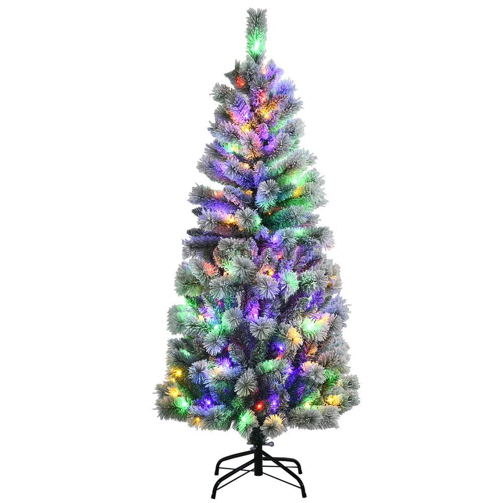 5 ft. Pre-lit Snow Flocked Artificial Christmas Tree with Multi-Color LED Lights - Hercitys