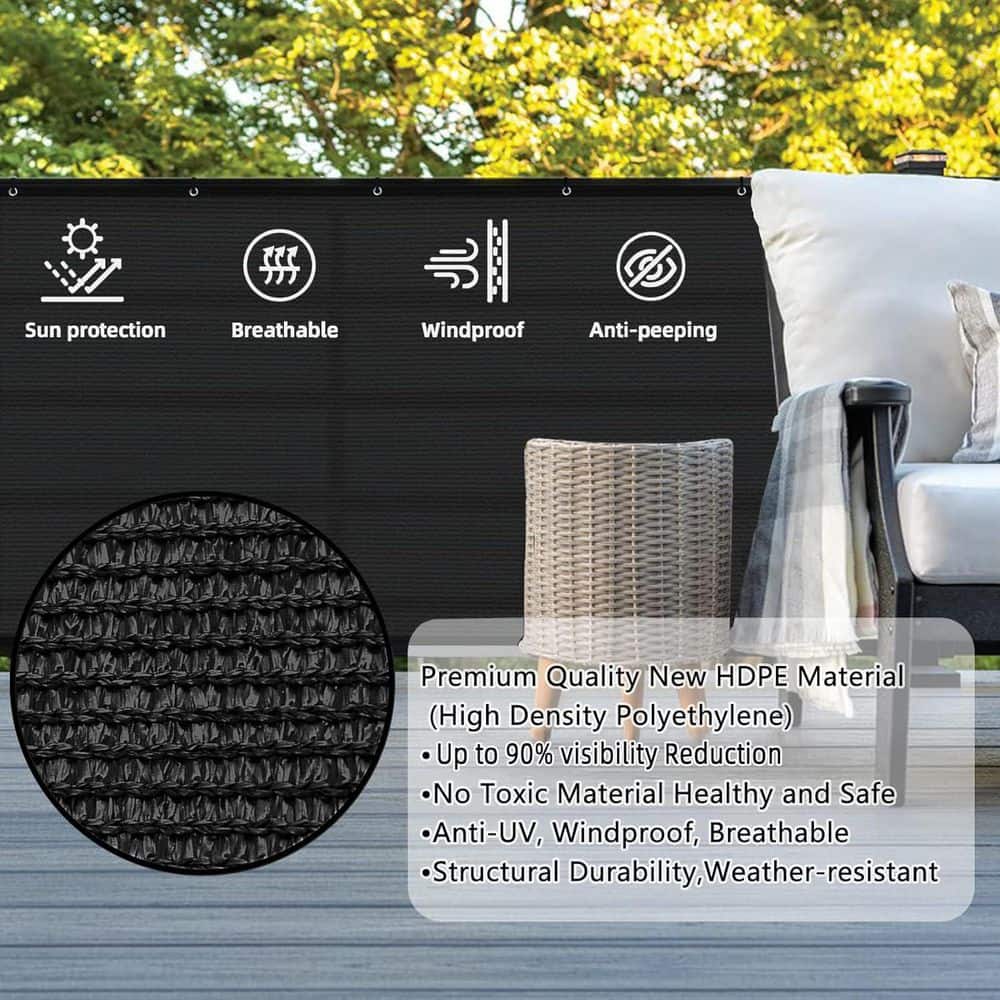 36 in. HDPE Black Plastic Balcony Privacy Fence with UV Protection Garden Fence, 90% Shade Netting - Hercitys