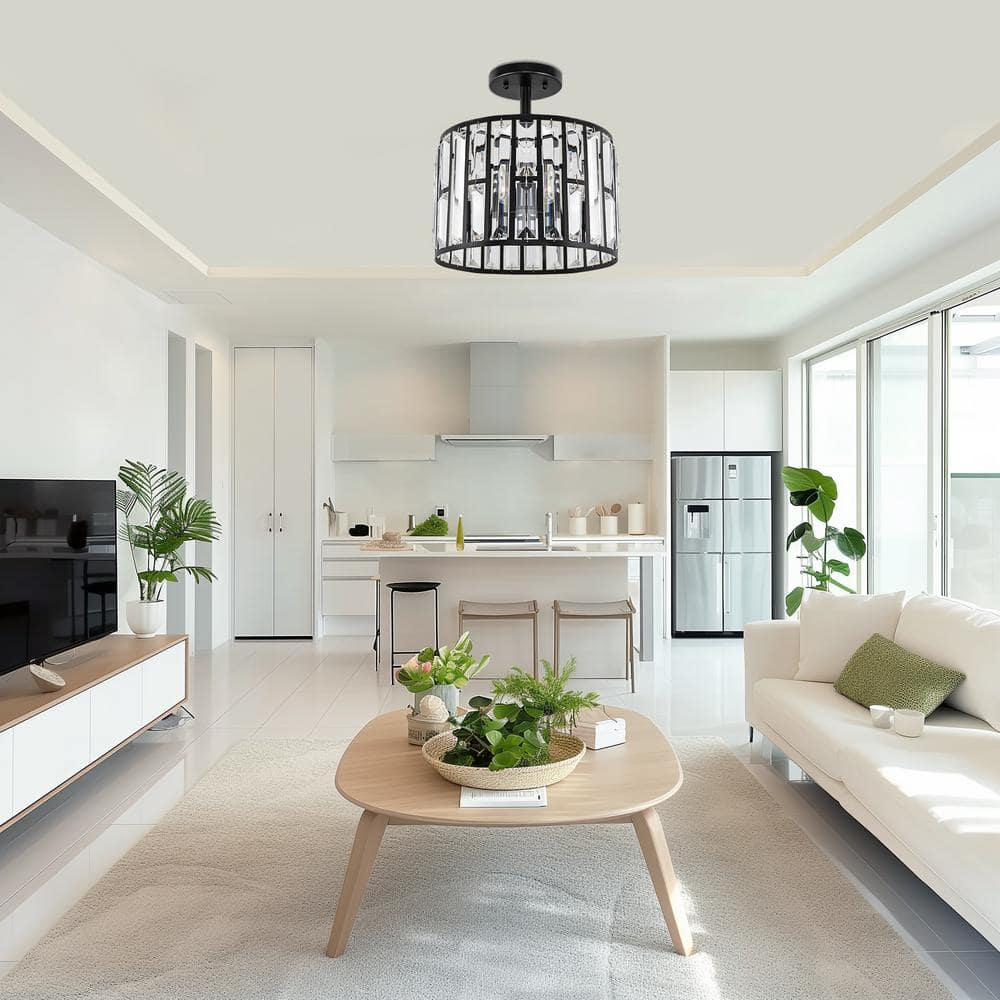 12.4 in. 3-Light Matte Black Semi-Flush Mount Ceiling Light with Crystal Accents, E12 Base, No Bulbs Included - Hercitys