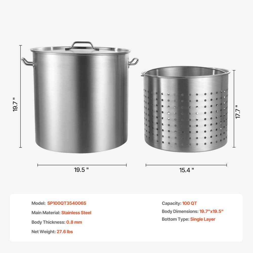 100 qt. Stainless Steel Stockpot, Heavy Duty Cookware with Basket, Lid & Handle, Commercial Grade - Hercitys