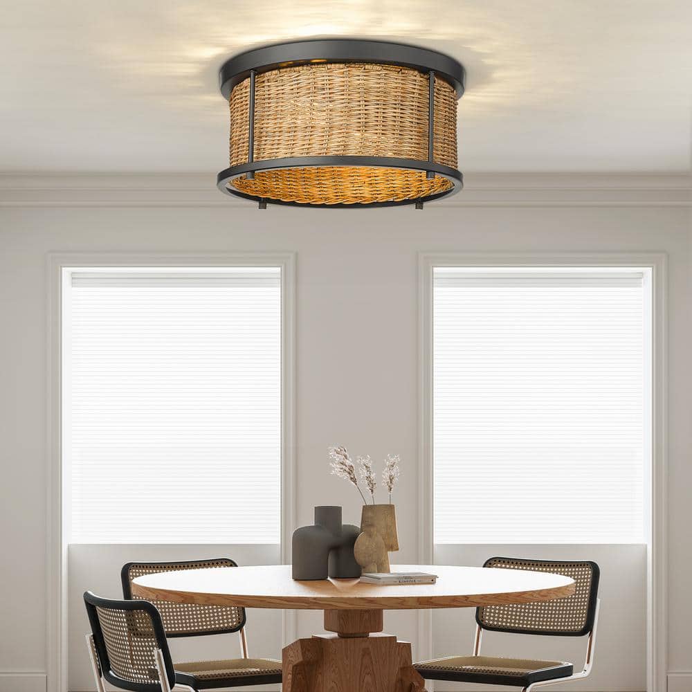 11.75 in. 2-Light Natural Bohemian Rattan Flush Mount Ceiling Light - Hercitys