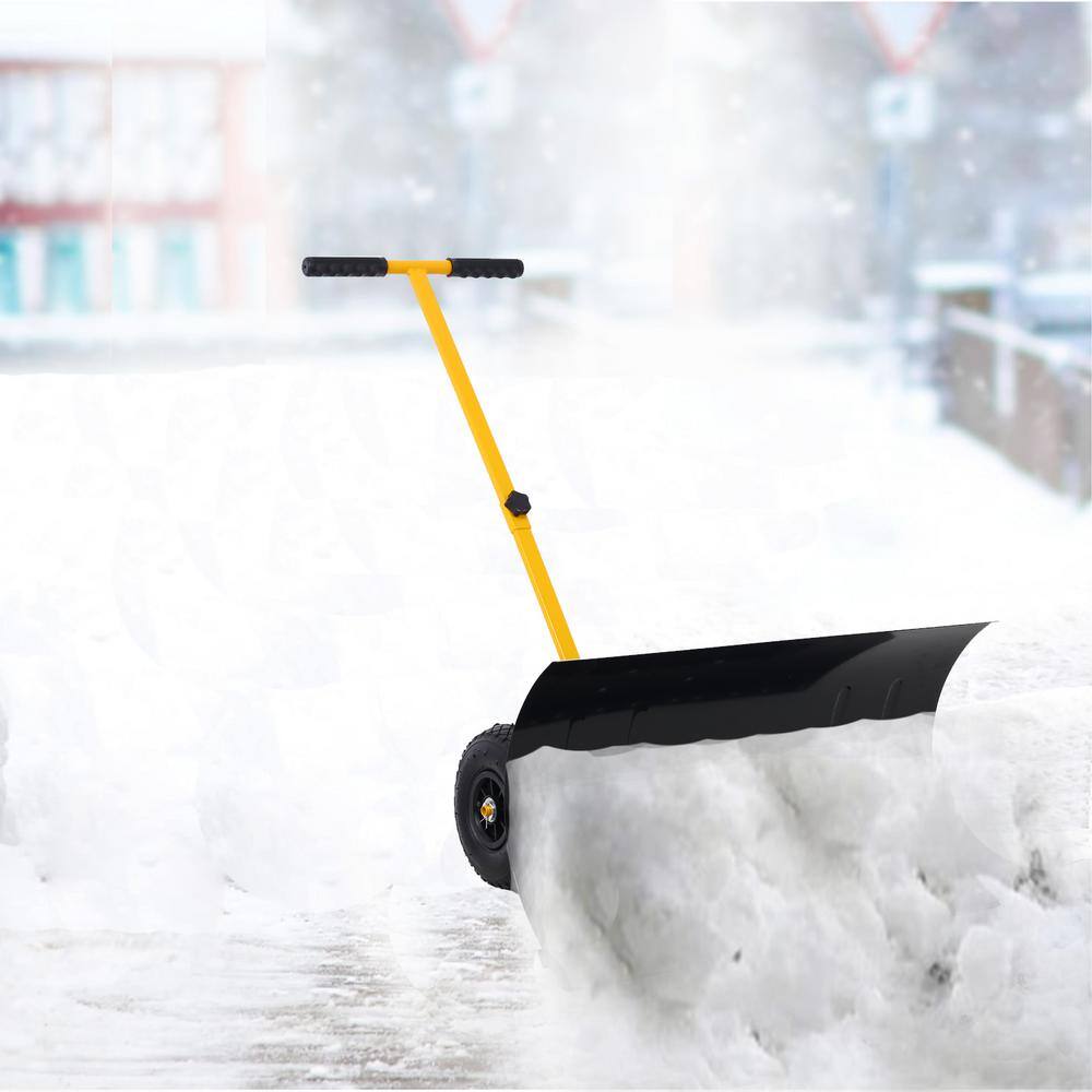 15 in. Steel Angle-Adjustable Handle Steel Heavy-Duty Snow Shovel Rolling Pusher with 29 in. Blade, 10 in. Wheels - Hercitys