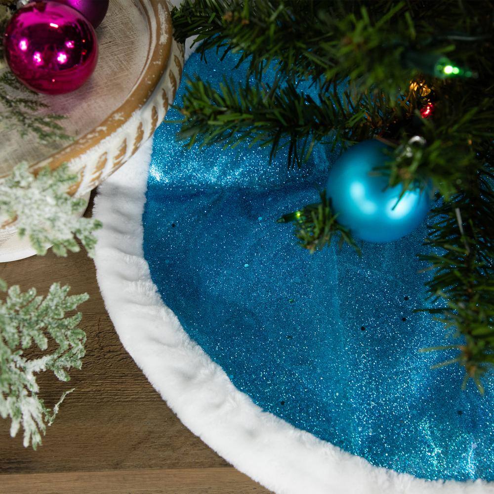 20 in. Blue Glittered Mini Christmas Tree Skirt with Faux Fur Trim - Hercitys