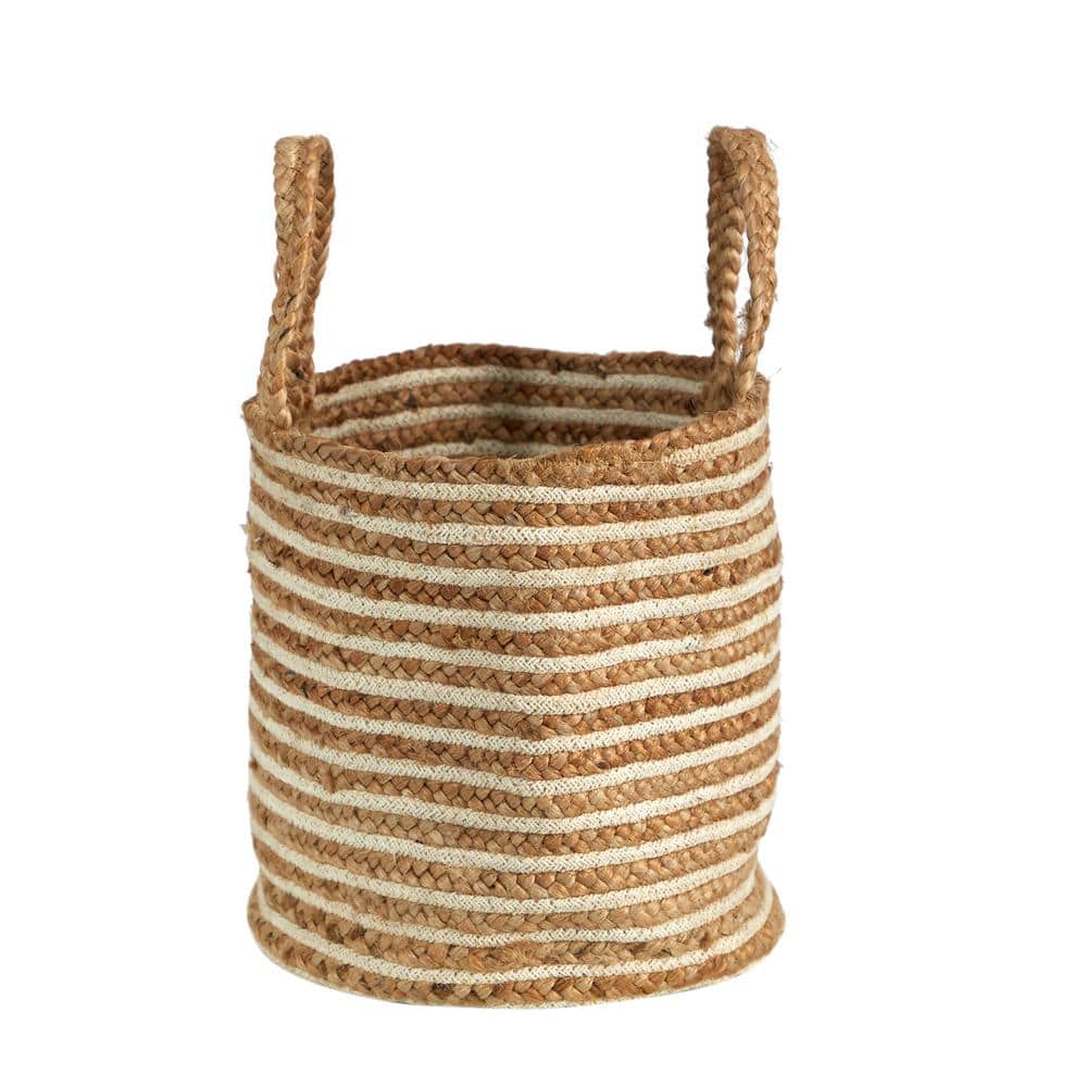 14 in. Beige Jute and Striped Natural Cotton Boho Chic Basket Planter Handwoven with Handles - Hercitys