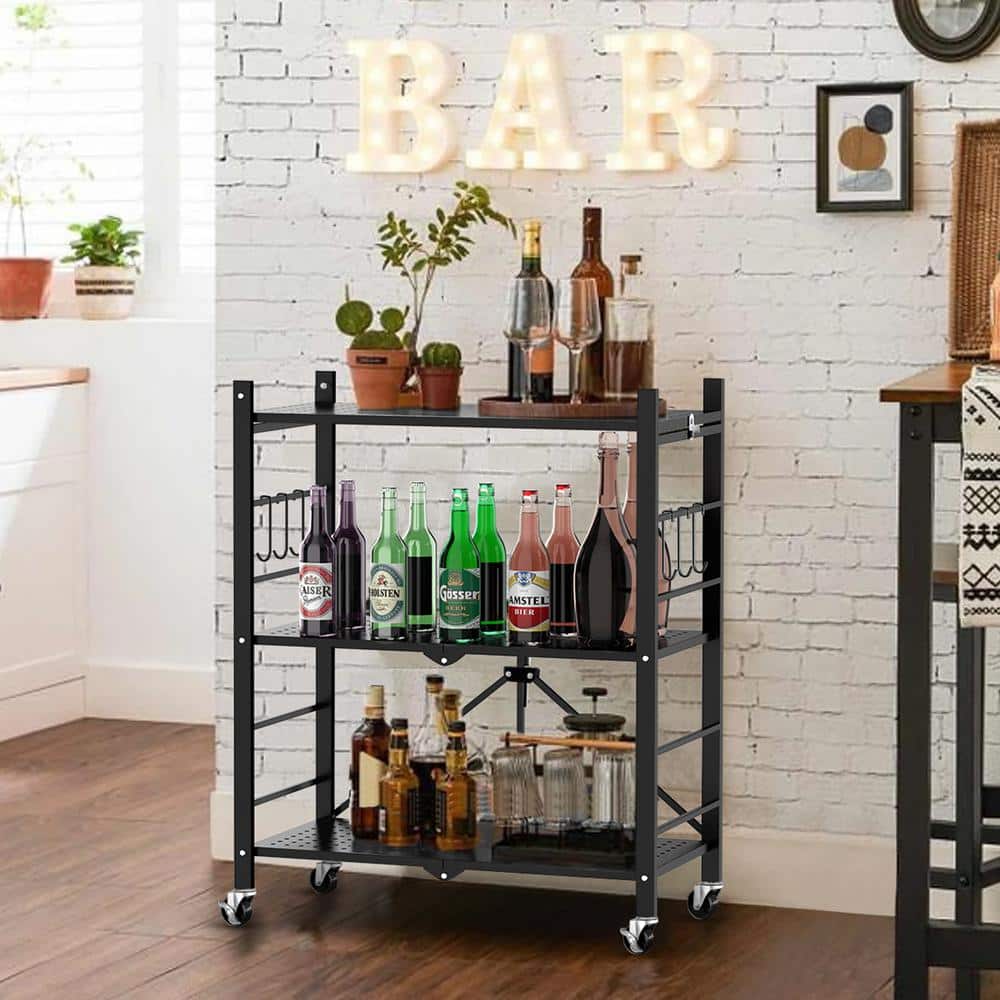 3-Tier Collapsible Storage Shelves Folding Pantry Shelves Wire Shelving in Black with 6-Hooks for Garage Kitchen Room - Hercitys