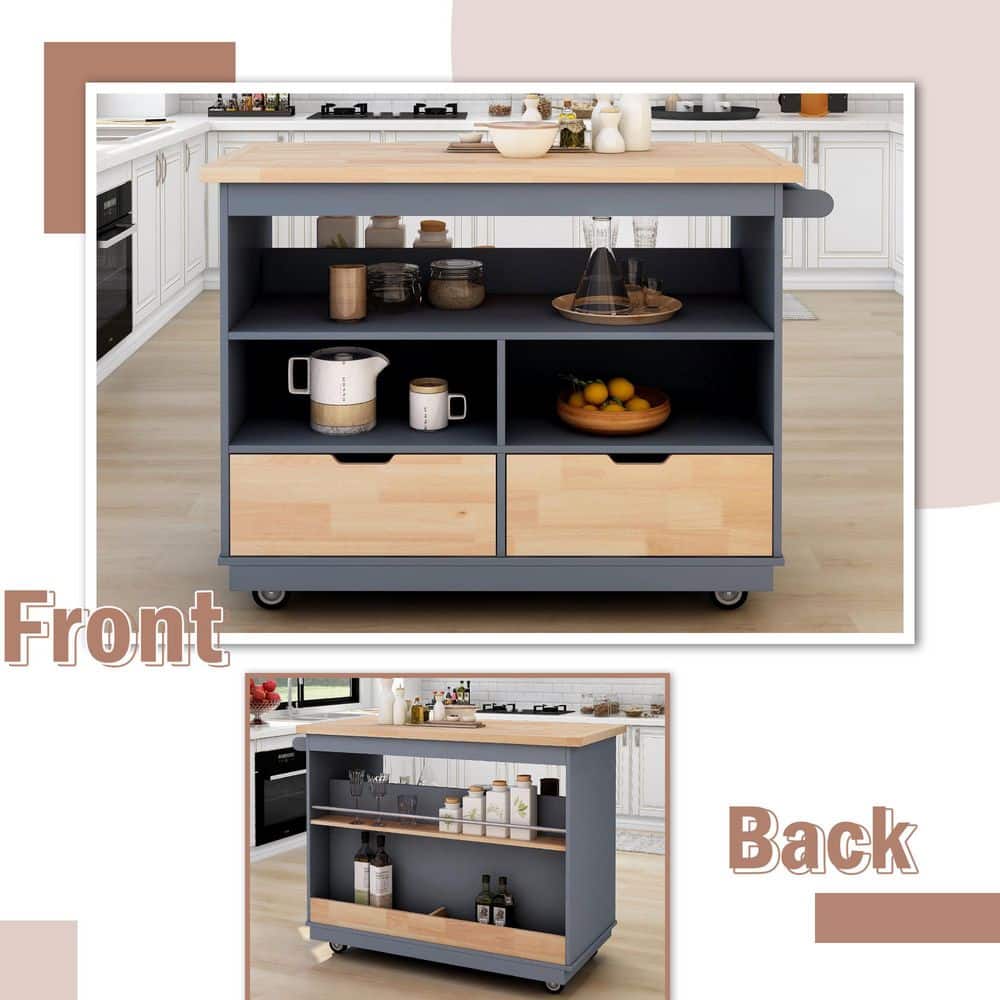 2-Sided Rolling Kitchen Cart with Wheels, Wood Top, Wine and Spice Rack, 2-Drawers, 3-Open Compartments in Blue - Hercitys