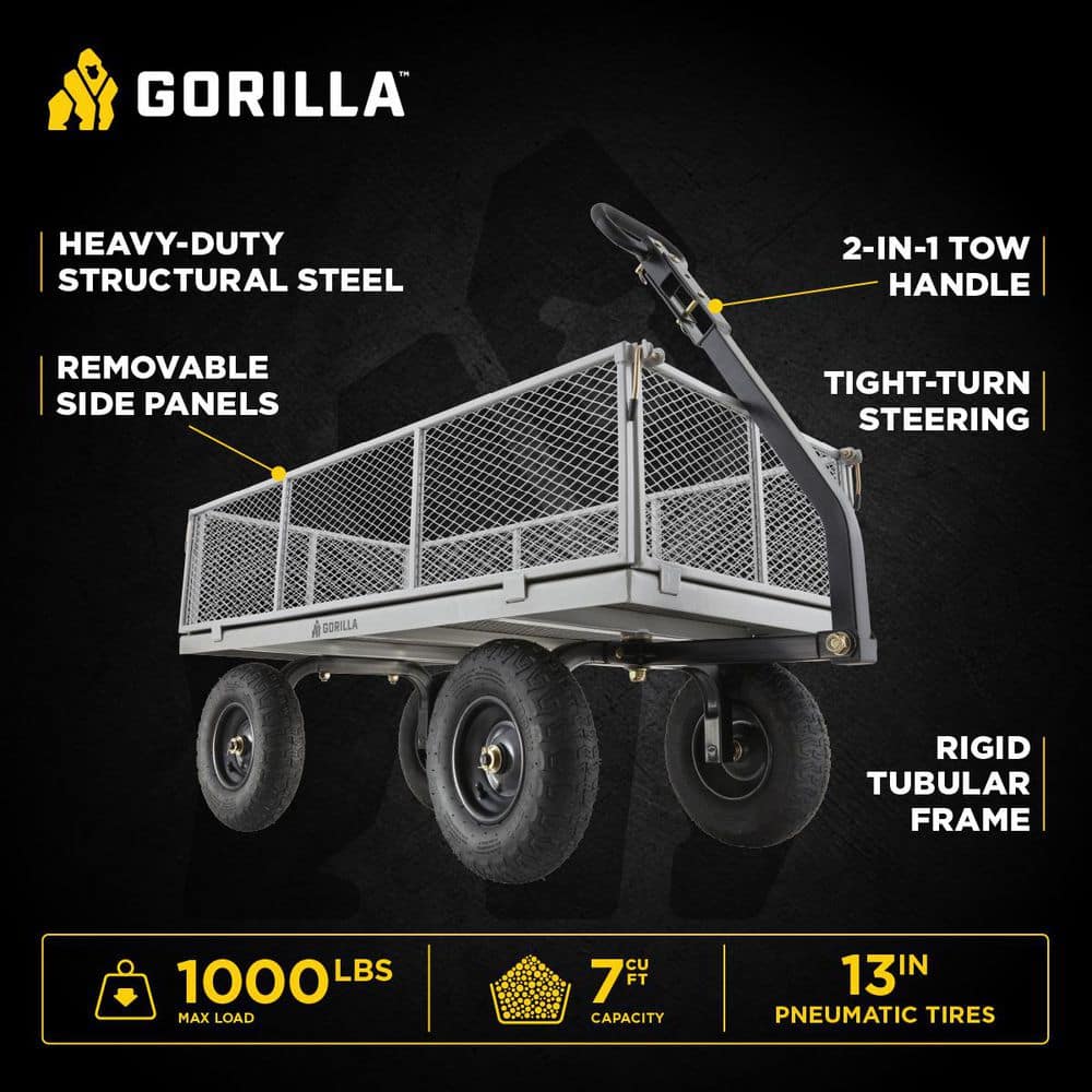 1,000 lbs. Heavy-Duty Steel Utility Garden Cart, 6 cu. ft. Capacity, 13 in. Pneumatic Tires, 2-in-1 Pull or Tow Handle - Hercitys