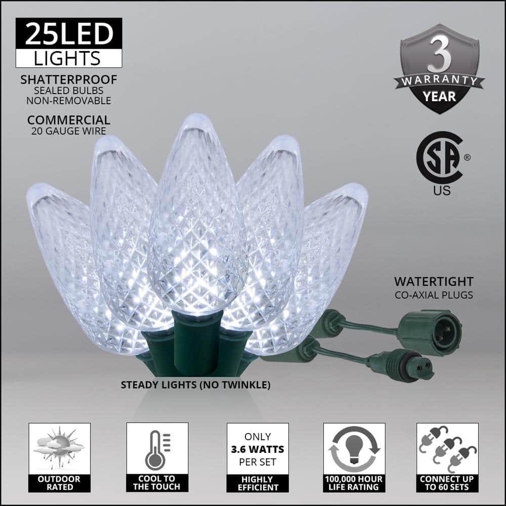 24 ft. 25-Light LED Cool White Commercial C9 String Lights with Watertight Coaxial Connectors - Hercitys