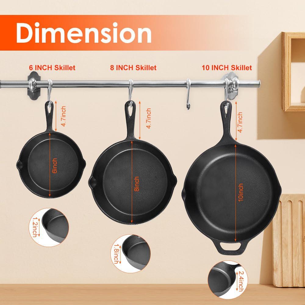 3-Piece Black Cast Iron Frying Pans Skillet Set of 3 : 6″, 8″ & 10″ with 3 Heat-Resistant Holders & Oil Brush - Hercitys