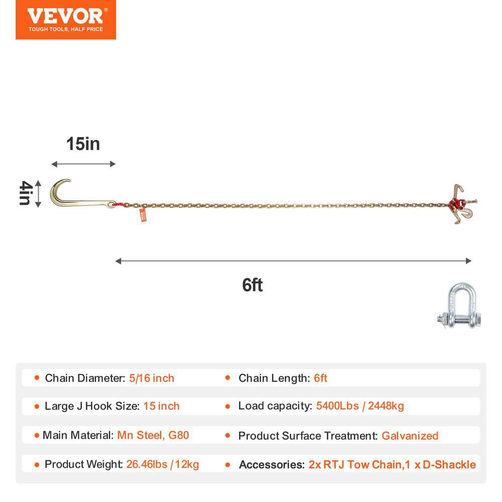 2-Pieces 5/16 in. x 6 ft. G80 Tow Chain 1 5 in. J Hook Long Shank RTJ and Grab Hooks Wrecker - Hercitys