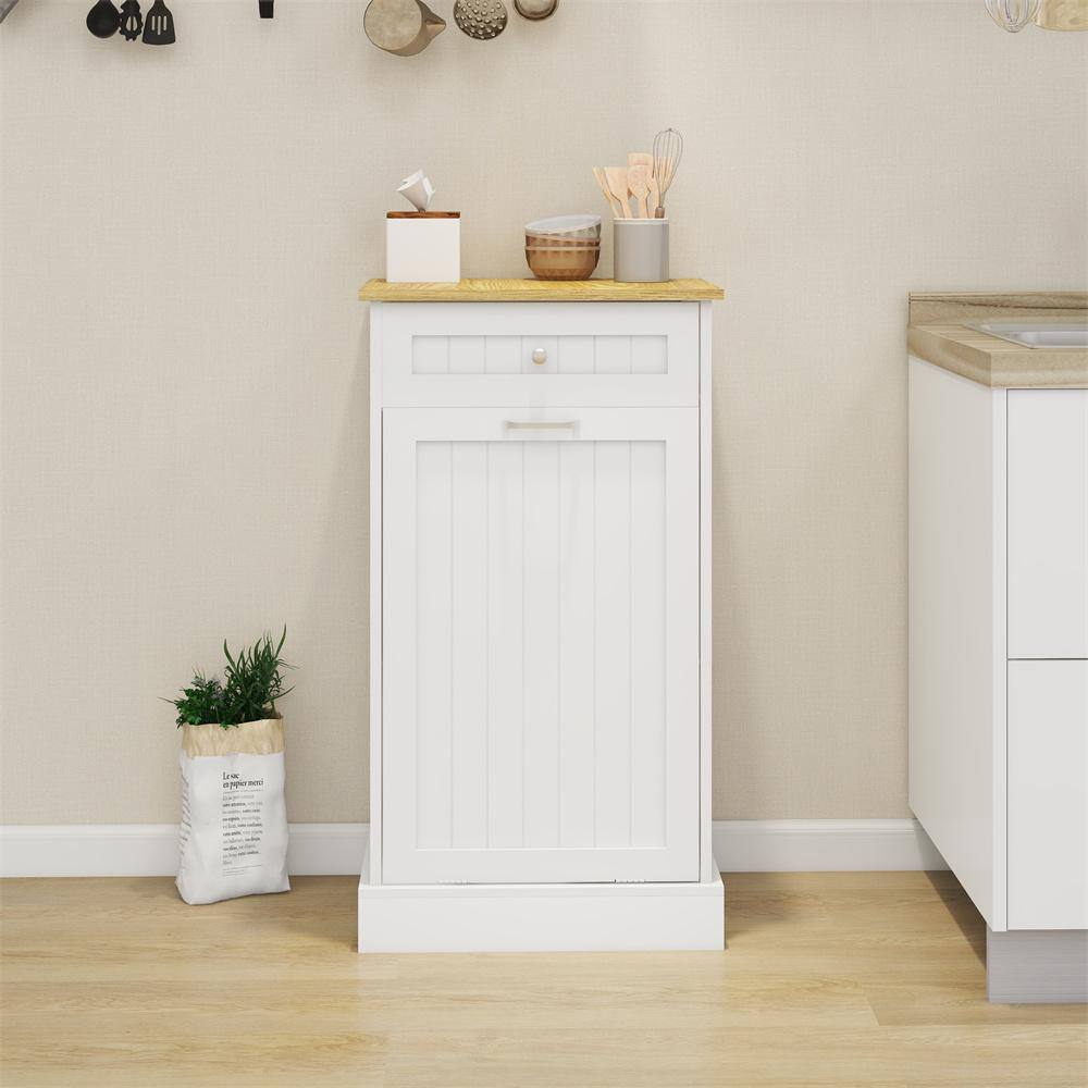 13.78 in. D x 19.69 in. W x 35.43 in. H Tilt-Out Kitchen Trash Cabinet with Drawer, Ready to Assemble, White - Hercitys