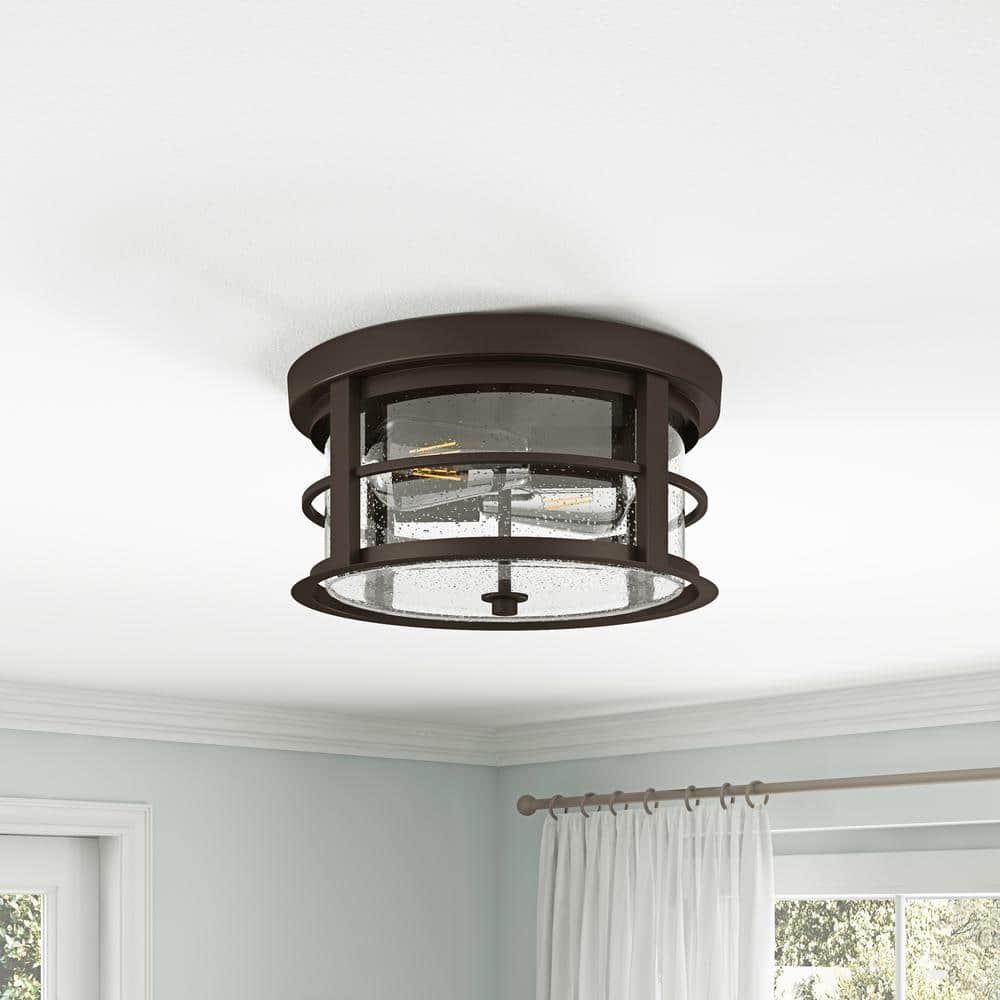 11.8 in. 2-Light Oil Rubbed Bronze Flush Mount Ceiling Light with Seeded Glass Shade Close to Ceiling Lighting Fixture - Hercitys