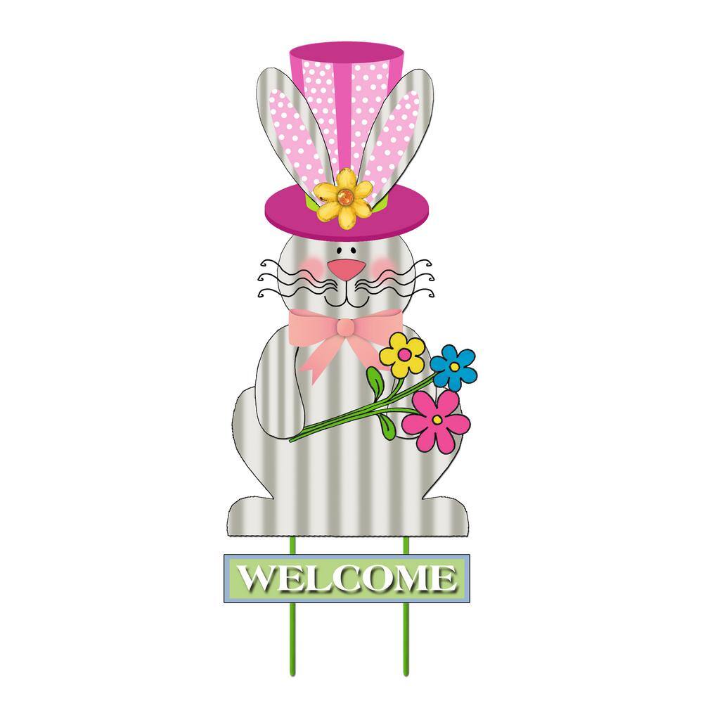 31.5 in. Metal Easter Welcome Bunny Garden Stake with Pink Hat - Hercitys