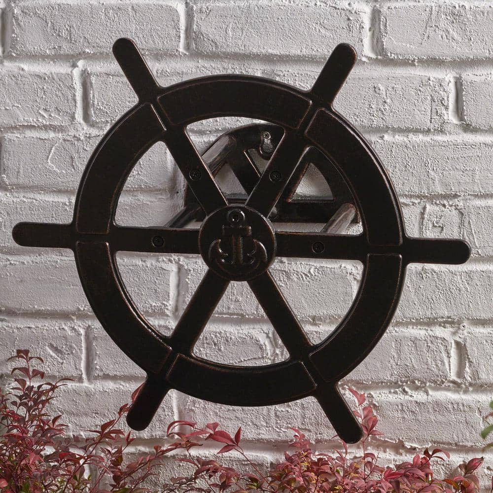 20 in. Outdoor Hose Holder, Shiny Copper Aluminum Ship Wheel Hose Holder for Garden Yard - Hercitys