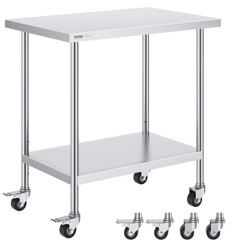 24 x 36 x 38 in. Stainless Steel Commercial Kitchen Prep Table with 4-Wheels 3-Adjustable Height Levels Silver - Hercitys