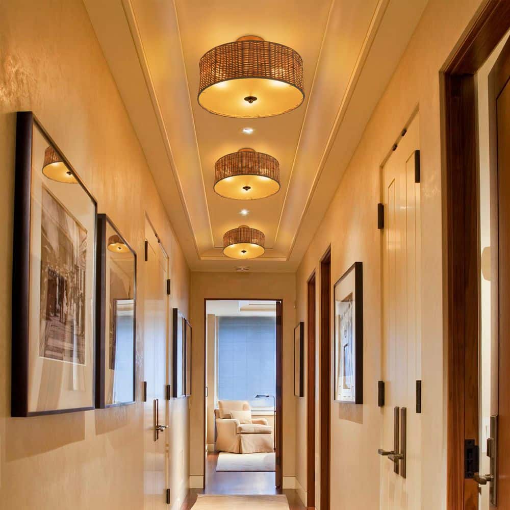 15.75 in. 3-Light Brass Woven Rattan Semi-Flush Mount Ceiling Light - Hercitys