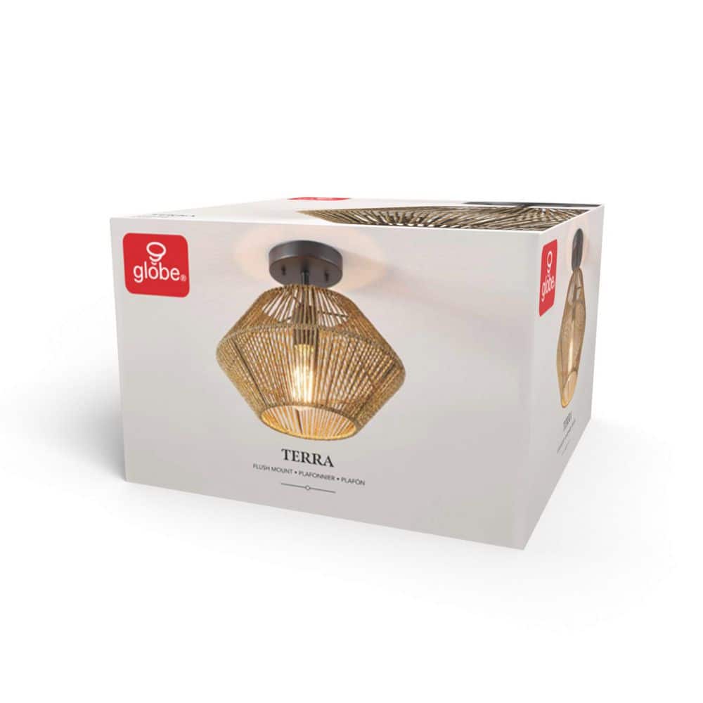 12 in. 1-Light Matte Black Flush Semi-Flush Mount Ceiling Light with Natural Twine Shade - Hercitys