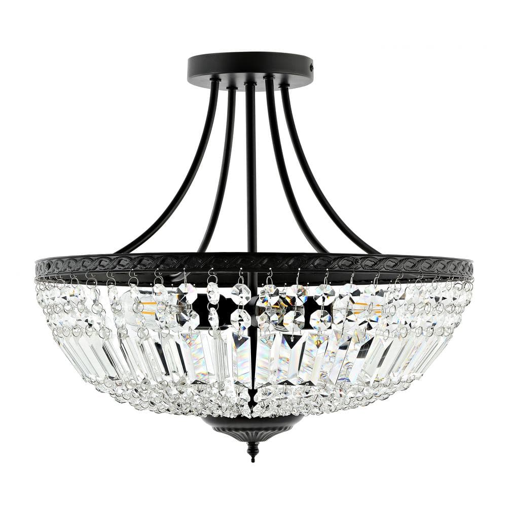 5-Light Crystal Ceiling Light Fixture, Black Semi Flush Mount Chandelier - Hercitys