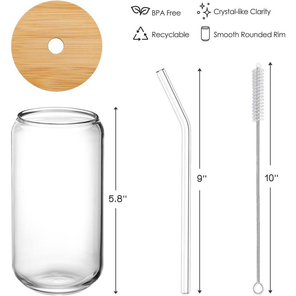 16 oz. Clear Shaped Drinking Glass Set with Bamboo Lids, 4 Straw and 2 Cleaning Brush (4-Pack) - Hercitys