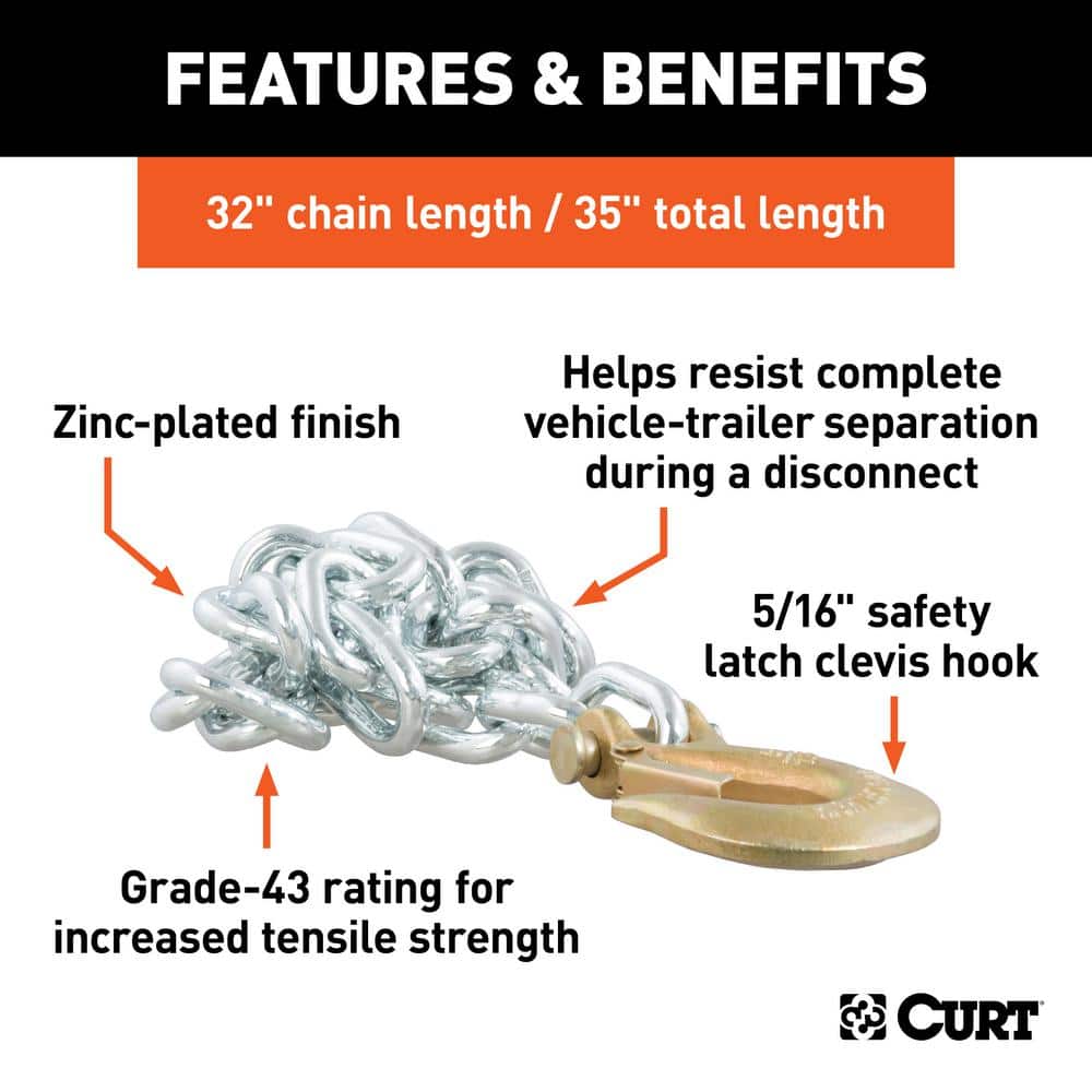 35″ Safety Chain with 1 Clevis Hook (11,700 lbs., Clear Zinc) - Hercitys