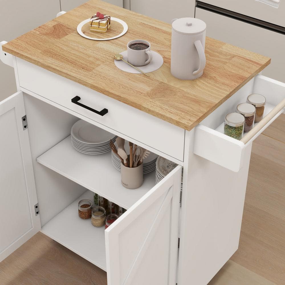 37.99 In. White Wood Kitchen Cart with Adjustable Shelves and Towel Rack Rubber Wood Table Top - Hercitys