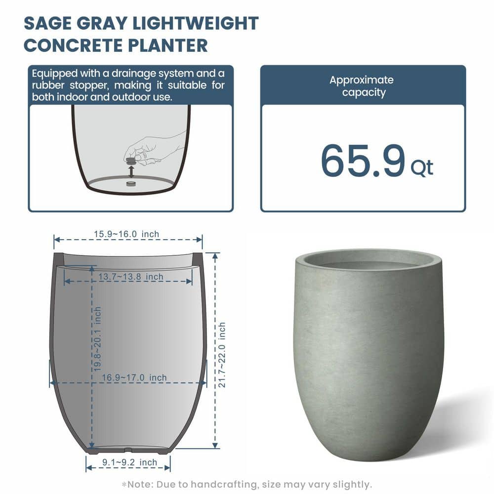 17 in. Large Sage Gray Concrete Round Planter/Pot with Drainage Holes - Hercitys