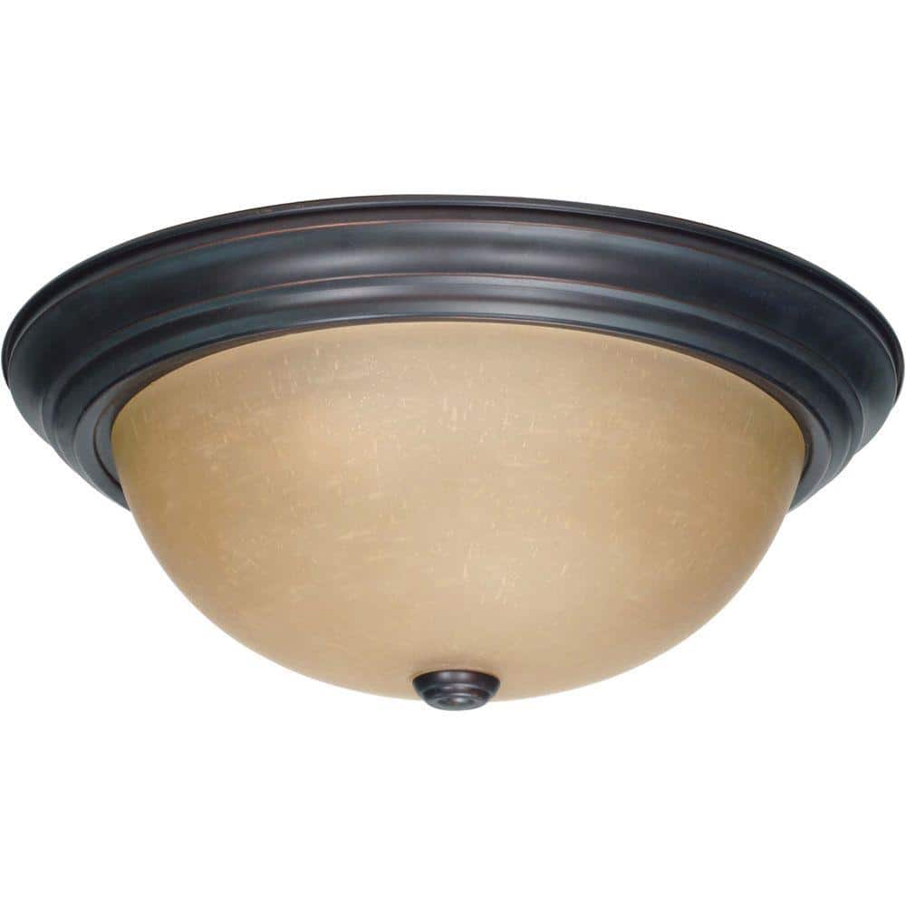 3-Light Mahogany Bronze Flush Mount with Champagne Linen Washed Glass Shade - Hercitys
