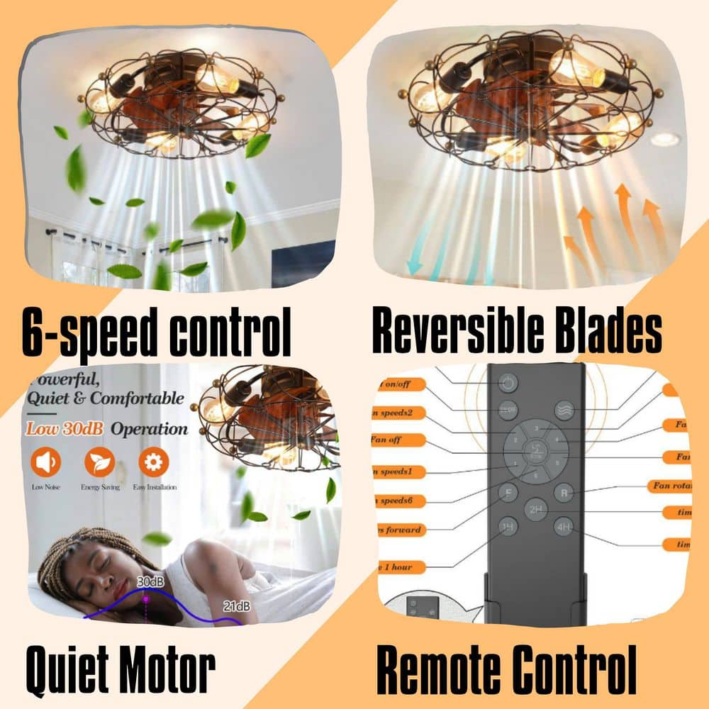 19.7 in. Modern Low Profile Caged Indoor Ceiling Fan with Lights, Remote Control Reversible Motor, Timer, Black - Hercitys