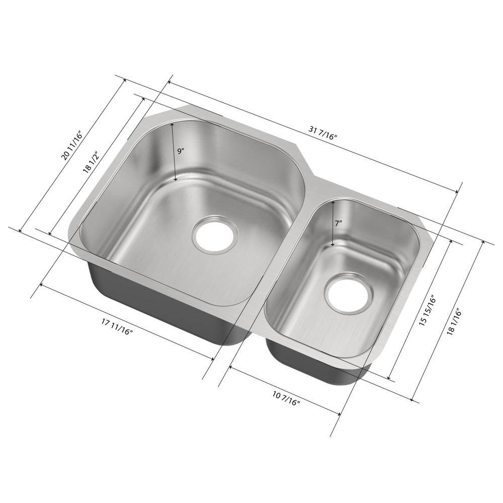 32 in. Undermount 70/30 Double Bowl 18 Gauge Stainless Steel Kitchen Sink - Hercitys