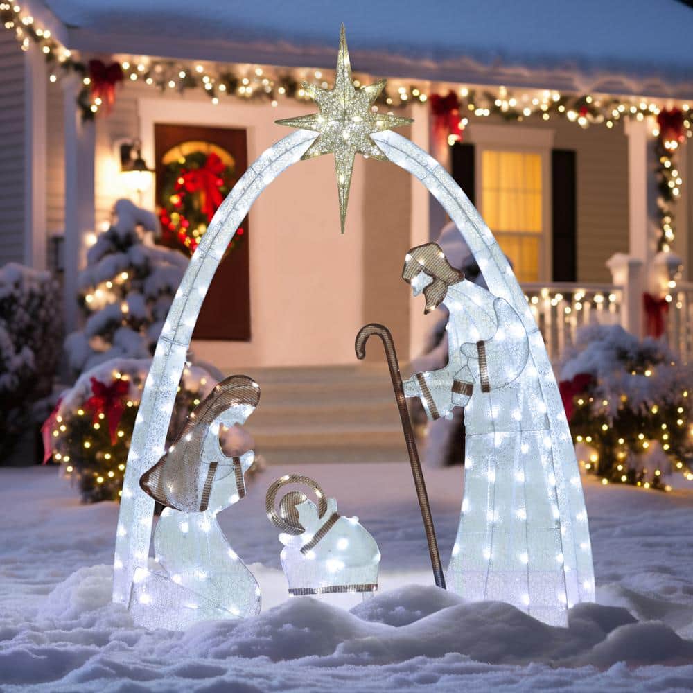 5 ft. Nativity Set Outdoor Christmas Holiday Yard Decoration Cool White LED, White - Hercitys