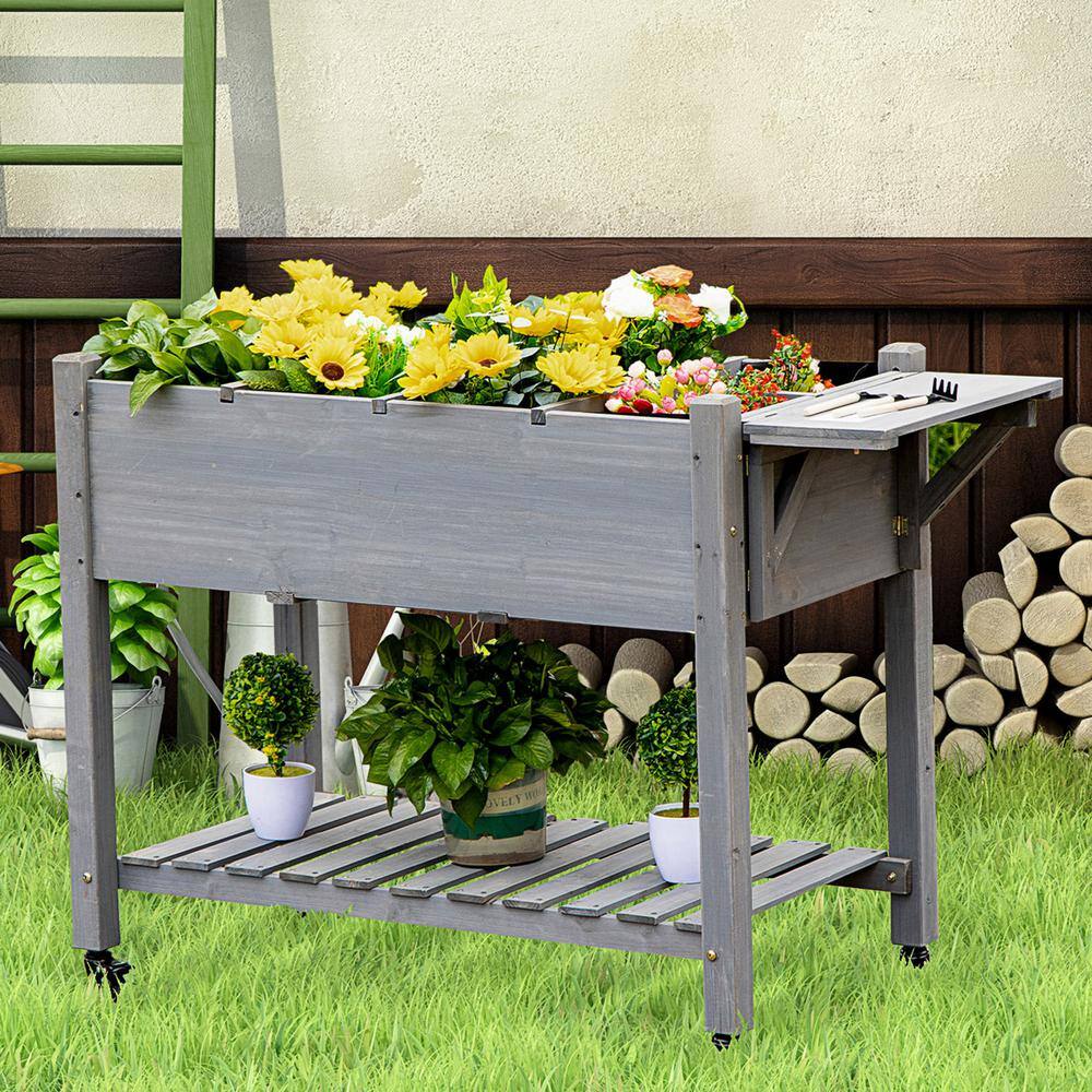 49″ x 21″ x 34″ Raised Garden Bed w/8 Grow Grids, Outdoor Wood Plant Box Stand w/Folding Side Table and Wheels, Gray - Hercitys
