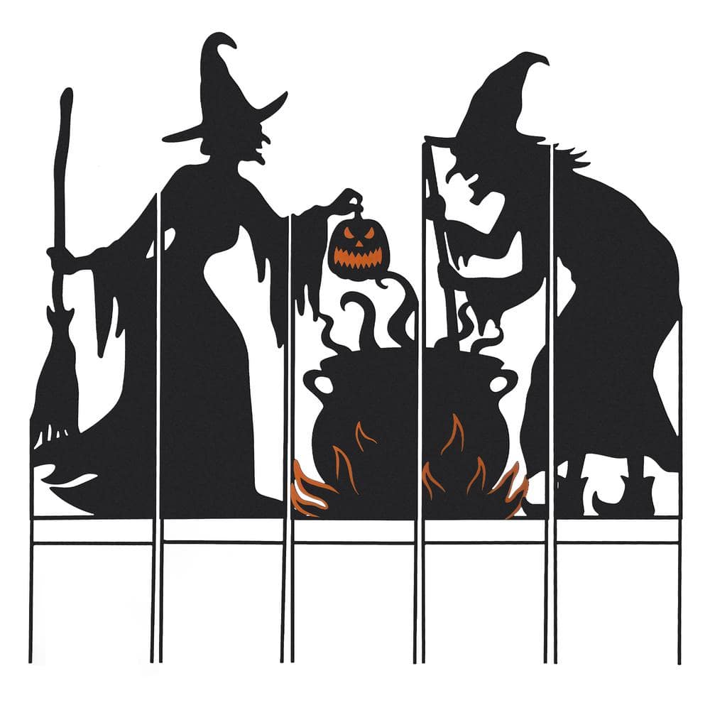 34.5 in. H Set of 5 Halloween Metal Silhouette Witches with Cauldron Yard Stake or Wall Decor (2 Function) - Hercitys