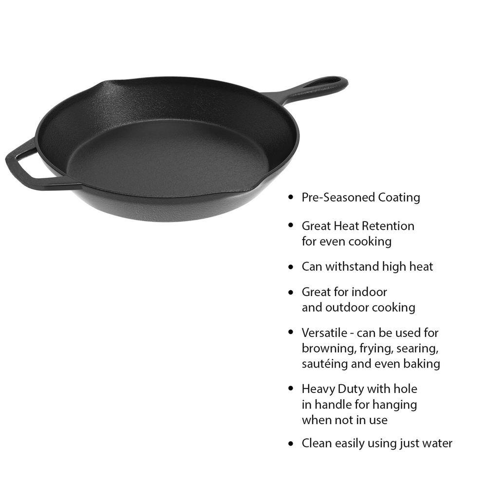 12 in. Cast Iron Skillet in Black with Pour Spout - Hercitys
