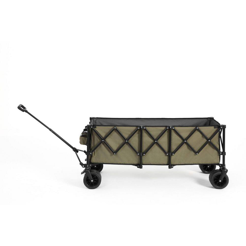 16 cu. ft. Steel Garden Cart, Foldable Extended Wagon with 220lbs Capacity, Big All-Terrain Wheel&Drink Holder in Green - Hercitys