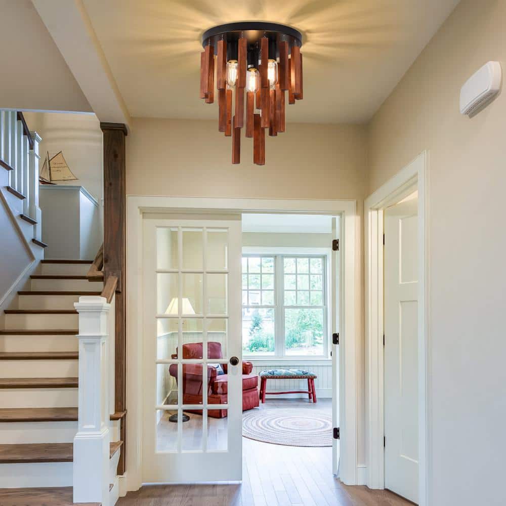 12.6 in. 3-Light Retro Black Round Flush Mount Ceiling Light with Wood Shade for Farmhouse Kitchen Entryway - Hercitys