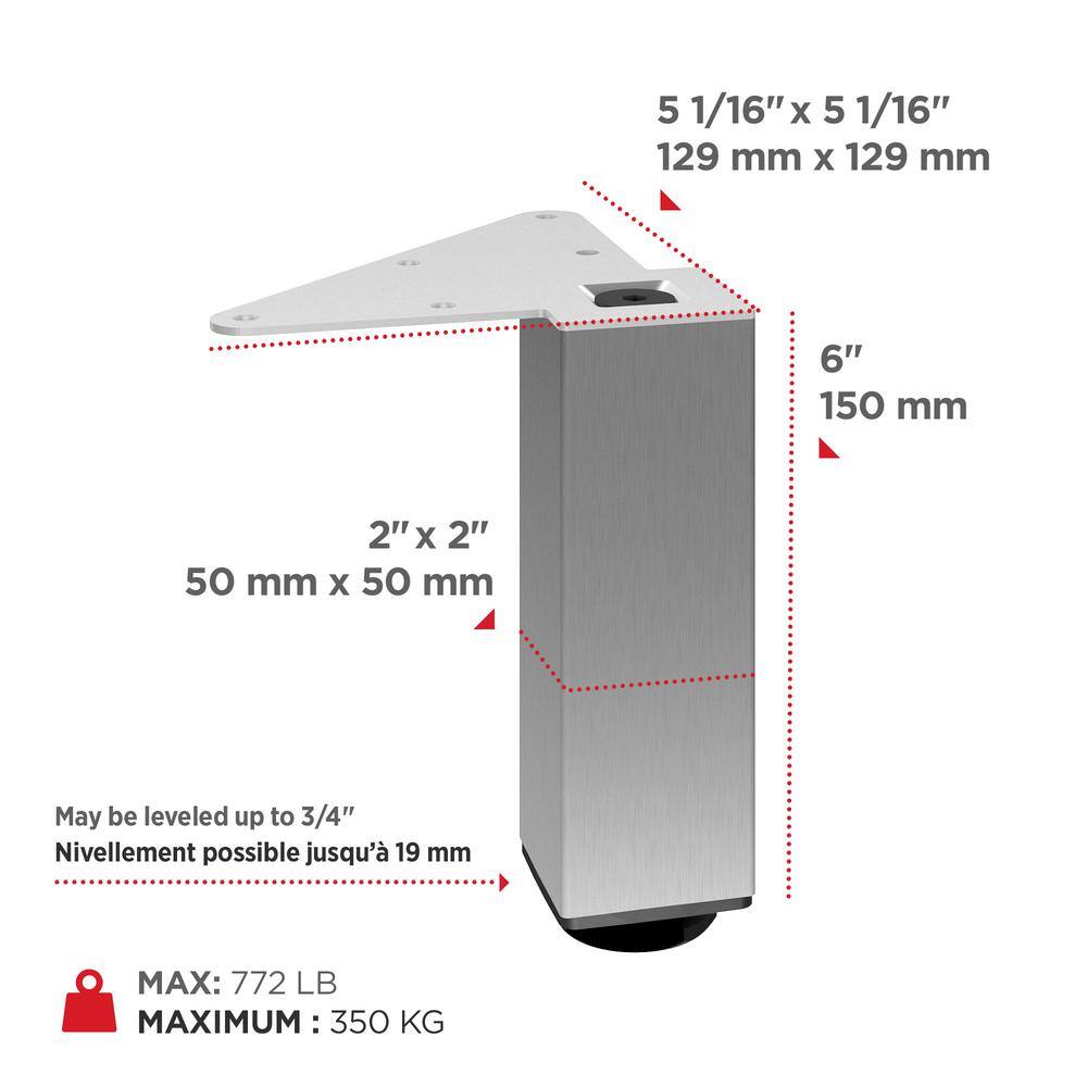 (4-Pack) 5 15/16 in. (150 mm) Stainless Steel Metal Square Furniture Leg with Leveling Glide - Hercitys